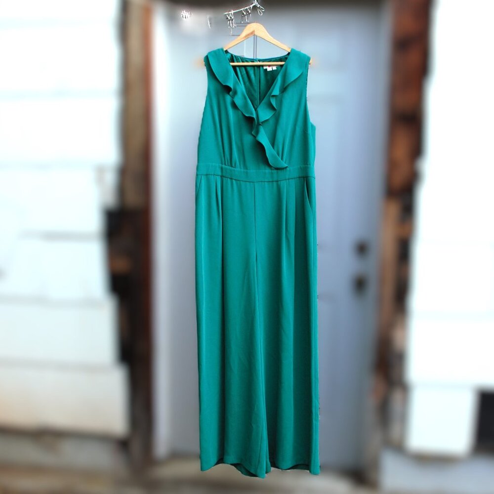 Boden Dolly Green Ruffle Sleeveless Wide Leg Pleated Jumpsuit 14R